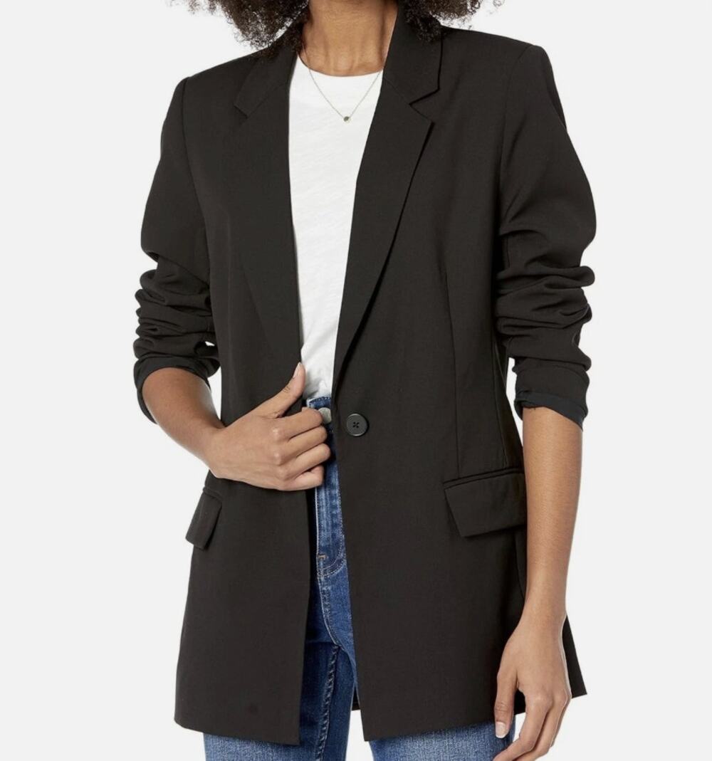 The Drop Women's Blake Long Blazer Black Single Button Notched Lapel Size L NEW